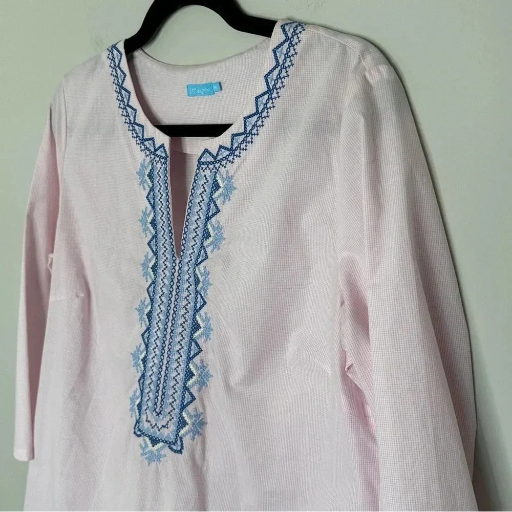 J McLaughlin Pink Cotton Embroidered Tunic Blouse‎ Top Size Medium Preppy Boho - Picture 6 of 14